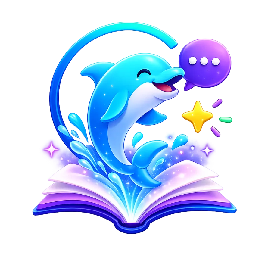 The StudyBuddy dolphin leaping out of an open book
